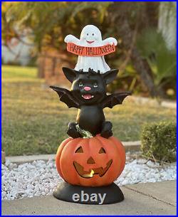 Happy Halloween Light Up Stack Trio Of Kitschy Jolly Ghost Bat Pumpkin Buddies