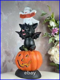 Happy Halloween Light Up Stack Trio Of Kitschy Jolly Ghost Bat Pumpkin Buddies