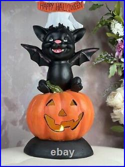 Happy Halloween Light Up Stack Trio Of Kitschy Jolly Ghost Bat Pumpkin Buddies