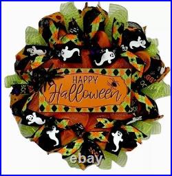 Happy Halloween Orange Black And Green Argyle Black Deco Mesh Wreath