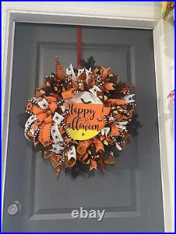 Happy Halloween Wreath, Halloween Front Door Wreaths, Orange and Black