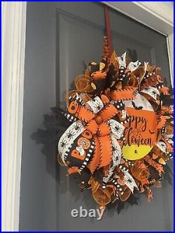 Happy Halloween Wreath, Halloween Front Door Wreaths, Orange and Black