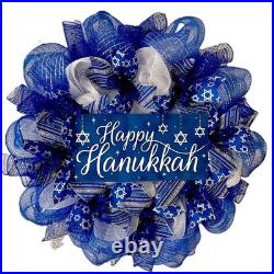 Happy Hanukkah Wreath With Star Of David Ribbons Handmade Deco Mesh