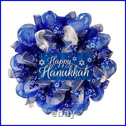 Happy Hanukkah Wreath With Star Of David Ribbons Handmade Deco Mesh