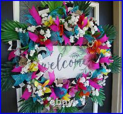 Hawaiian Beach Deco Mesh Wreath, Tropical Floral Decor Aloha Tiki Luau Party