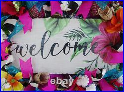 Hawaiian Beach Deco Mesh Wreath, Tropical Floral Decor Aloha Tiki Luau Party