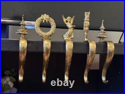 Heavy SolidBrass Fireplace Stocking Hanger 5 Trees, Wreath, Nutcracker, Angel
