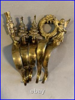 Heavy SolidBrass Fireplace Stocking Hanger 5 Trees, Wreath, Nutcracker, Angel