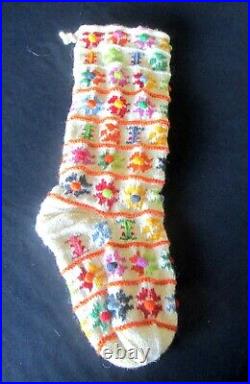 Heirloom Christmas Pompom Hand Knit Wool Stocking Signed from Bosnia Fair Trade
