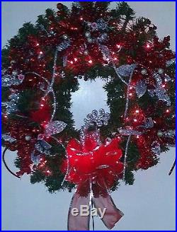 Holiday Wreath, silver & red hand-crafted, 100 red lights