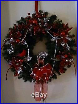 Holiday Wreath, silver & red hand-crafted, 100 red lights
