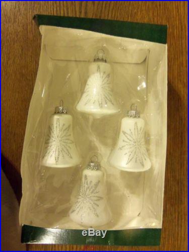 Holiday time glass ornaments silver & white bells