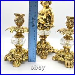 Hollywood Regency Cherub Candlestick Holder Set Ornate Gold Crystal Accents