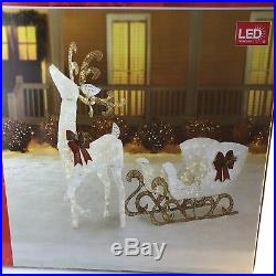 Home Accents Holiday Reindeer & Sleigh 5 Foot Tall 280 White LED Lights NIB