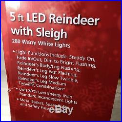 Home Accents Holiday Reindeer & Sleigh 5 Foot Tall 280 White LED Lights NIB