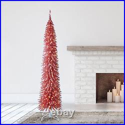 Home Heritage 7 Ft Pencil Artificial Prelit Tinsel Christmas Tree & Stand, Pink
