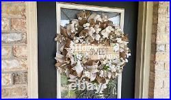 Home Sweet Home Magnolia & Cotton Deco Mesh Front Door Wreath Fall Spring Summer