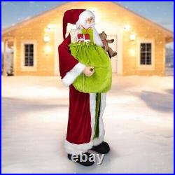 Huge 6' Life-Size Standing Plush Santa Claus Figure with Teddy Bear & Gift Bag