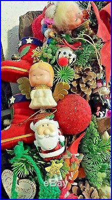 I spy 24 Vtg Christmas kitschy ornaments door wall wreath flocked Santa santas