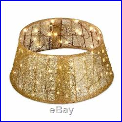 Indoor Christmas Tree Base Gold Collar Lighted Glittered Woven Mesh Fabric Look