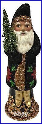 Ino Schaller Black Glitter Santa with Poinsettia Paper Mache Candy Container