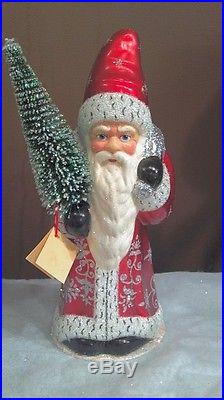 Ino Schaller Red Silver Leaf Santa Christmas Paper Mache Candy Container