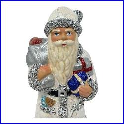 Ino Schaller White Glitter Santa with Bag of Apples German Paper Mache