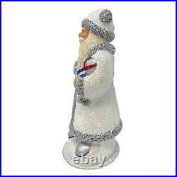 Ino Schaller White Glitter Santa with Bag of Apples German Paper Mache