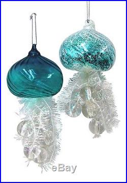Iridescent Teal Blue and White Jellyfish Christmas Holiday Ornaments Set of 2