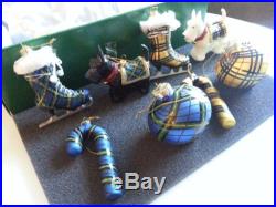 JEFFREY BANKS Set 8 Glass Handpainted Plaid SCOTTIE Dogs CHRISTMAS Ornaments NIB