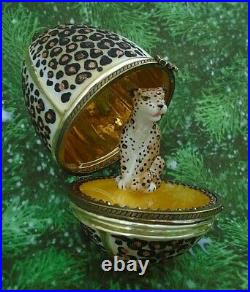 Komozja Family Blown Glass Leopard Jeweled Hinged Egg Christmas Ornament