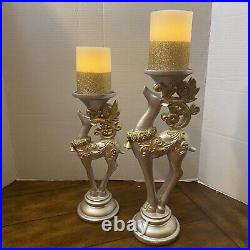Kringle Express Reindeer With Flameless Candles Silver Ornate Gold Set Of 2