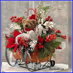 LARGE Holiday Christmas Centerpiece Sleigh Tabletop Bear Decorative Floral Decor