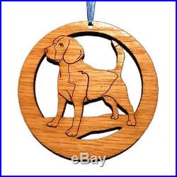 LASER ENGRAVED 4 ROUND WOOD BEAGLE CHRISTMAS ORNAMENT WITH SATIN RIBBON