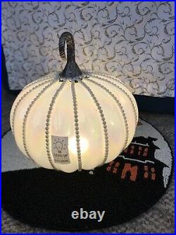 LED LIGHTS UP Iridescent Glass Faux Pearl Pumpkin Metal Etched Stem Glam