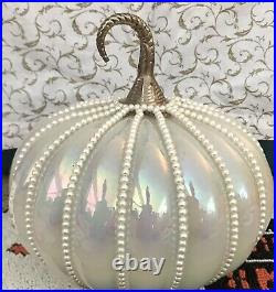LED LIGHTS UP Iridescent Glass Faux Pearl Pumpkin Metal Etched Stem Glam