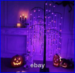 LED Lighted Orange and Purple Halloween Tree Decor with24 Bat, Pumpkin bulbs 5ft
