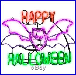 LED Neon Lighted Flashing Bat Happy Halloween Lighted Display Sign Window Decor