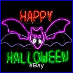 LED Neon Lighted Flashing Bat Happy Halloween Lighted Display Sign Window Decor