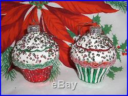 LOT 2 CUPCAKES RED & GREEN GLASS CHRISTMAS TREE ORNAMENTS NEW
