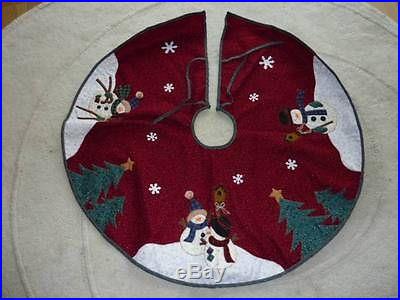 LUXURY 45 LARGE Burgundy Xmas Tree Skirt Embroidered + Bobbles Buttons SNOWMAN