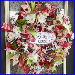 Ladybug Crossing Daisy Floral Spring Summer Deco Mesh Front Door Wreath Decor