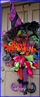 Large Halloween Witch Front Door Wreath Handmade Black Deco Mesh Decor