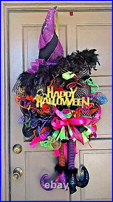 Large Halloween Witch Front Door Wreath Handmade Black Deco Mesh Decor