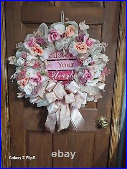 Large Handmade Deco MesValentine Day Wreath Heart Love Pink Gold Cream Victorian