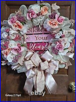 Large Handmade Deco MesValentine Day Wreath Heart Love Pink Gold Cream Victorian