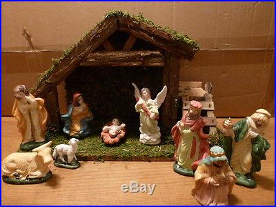 Large Nativity Christmas Set/Scene With Stable and 9 Porcelain Figures