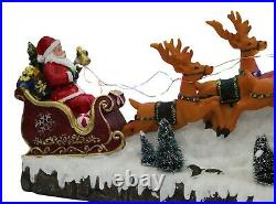 Large Santa In Snow On Sleigh With Reindeer With Led Lights & Music Battery