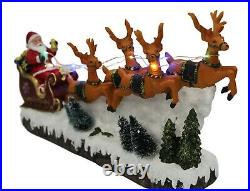 Large Santa In Snow On Sleigh With Reindeer With Led Lights & Music Battery