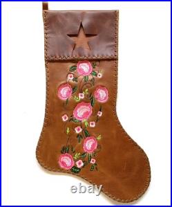 Leather Christmas Stocking Rose Embroidered Star Handmade Flat Decor Xmas Gift